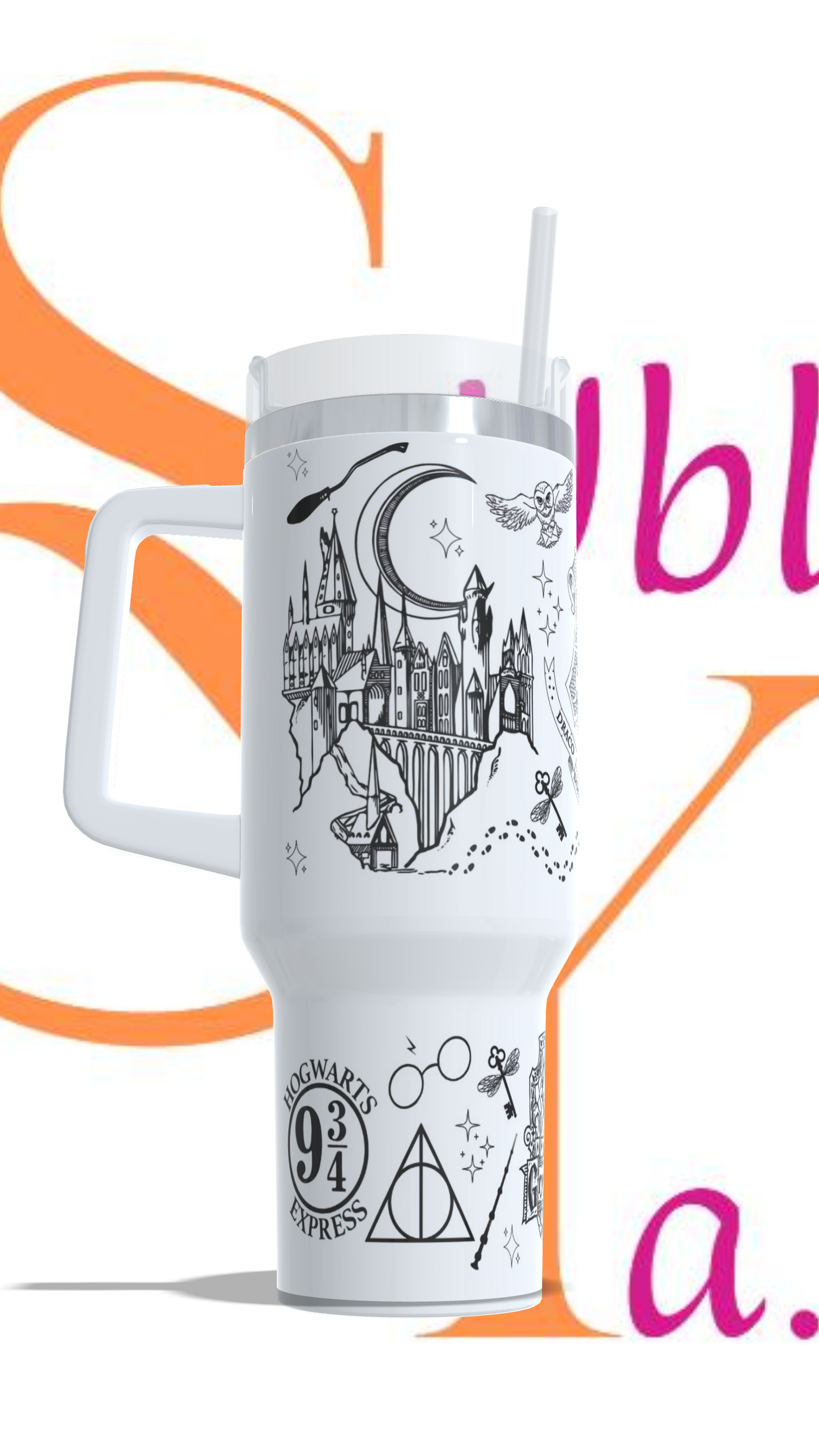 Vaso térmico tipo Stanley de 40oz (1.2litros)Blanco, Harry Potter.