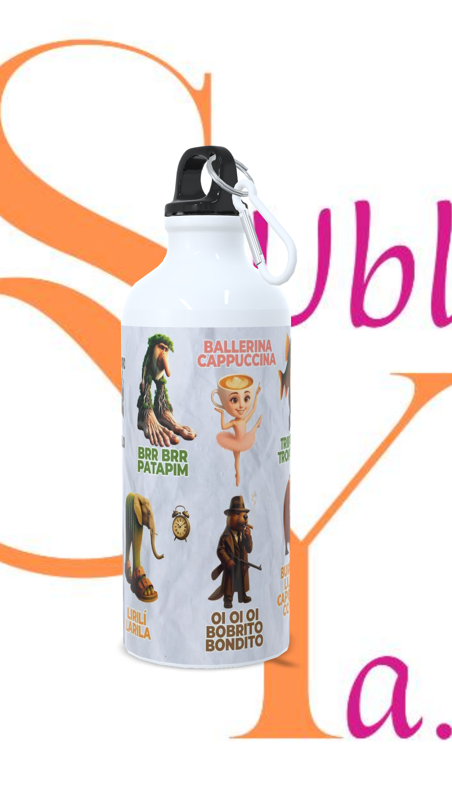 Botella de 600ml tapa rosca y mosquetón, Temática: Tralalero tralala.