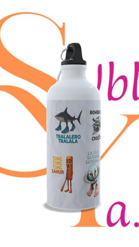 Botella de 600ml tapa rosca y mosquetón, Temática: Tralalero tralala.